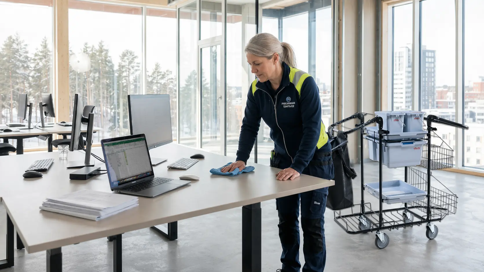 Teollisuussiivous Lempäälä- Nainen pyyhkii pöytää teollisuusyrityksen toimistossa