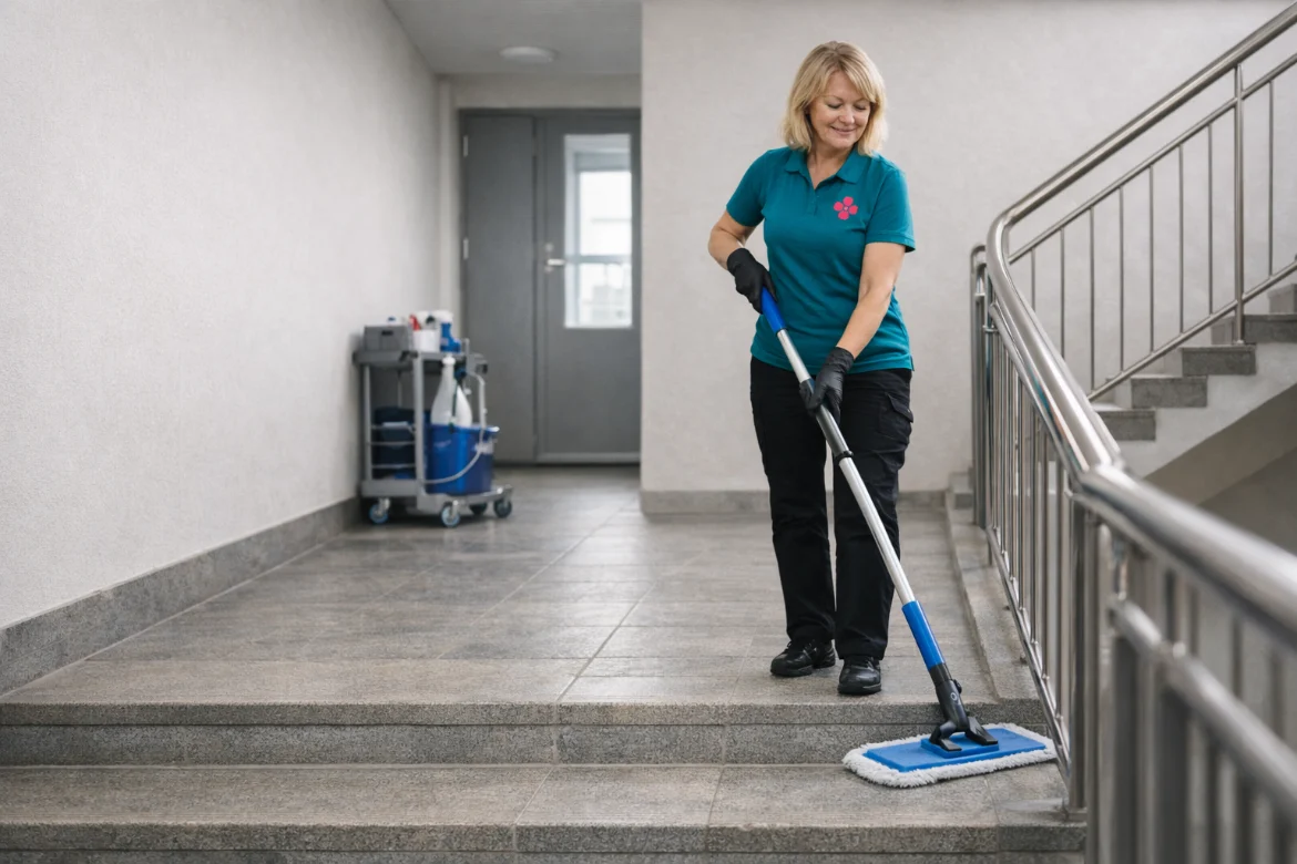 Porrassiivous Lempäälä - Siivooja moppaa portaikkoa